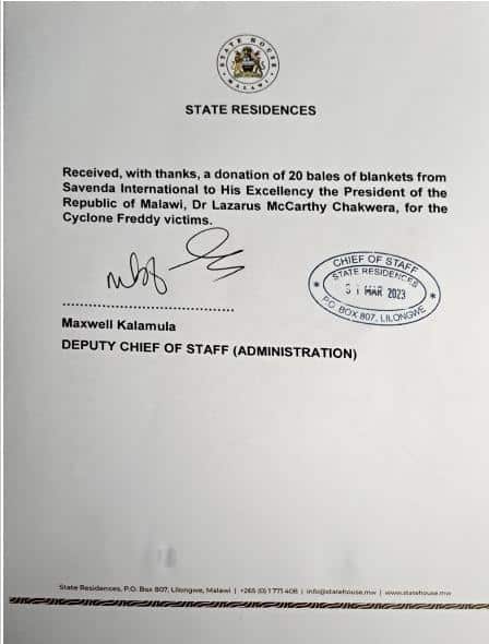 Acknowledgment of Donation by The Government of Republic of Malawi on behalf of cyclone flood victims